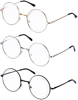Metal Frame Round Eyeglasses Retro Metal Clear Lens Glasses, Unisex, Black, Gold, Silver Color, 3 Pairs