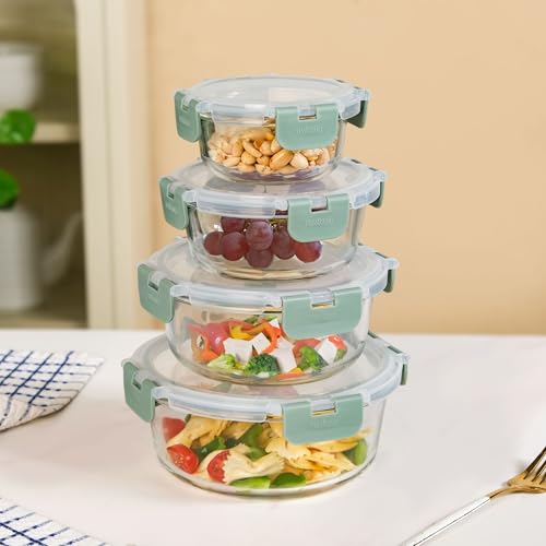 Image of Nestasia Nestro Airtight Glass Containers with Lid Set of 4 (215ml, 400ml, 600ml, 950ml) | Spill Proof Round Glass Containers with Break Free Lock - Microwave, Dishwasher & Freezer Safe (Green)