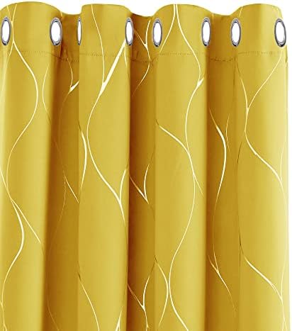 Deconovo Eyelet Room Darkening Curtains, Window Treatment Silver Wave Line Foil Printed Blackout Curtains for Nursery, 66 x 72 Inch(Width x Length), Light grey, 2 panels