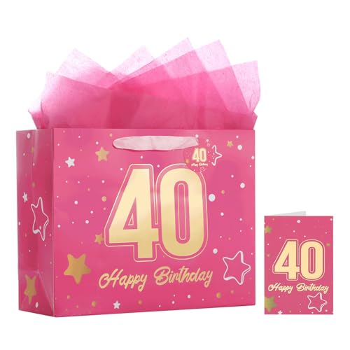 Image of Powbrace 13 inch Pink 40th Birthday Gift Bag with Tissue Paper and Greeting Card for Party,Happy Birthday Gift Bag for Men Women,Gift Bags Medium size(1 Pink 40th)