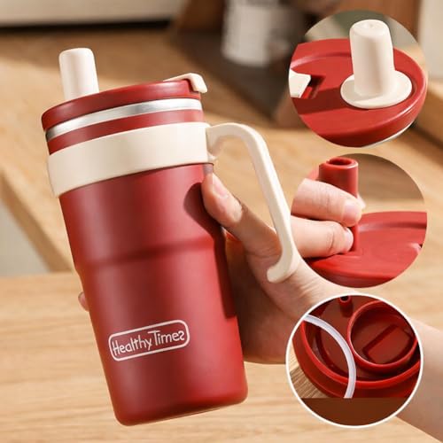 Image of YELONA Tea Infuser Travel Mug with Stainless Steel Filter & Straw, Leakproof Coffee Tumbler for Car Cup Holders | Water Bottle, 600ML - Ruby Red