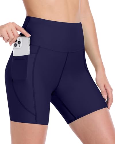 Runhit Women's Swim Board Shorts Swimsuit Bathing Suit Bottom UPF50+ High Waisted Tummy Control Quick Dry Pockets Liner 5" L Deep Sea Blue