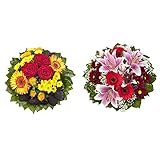 Dominik Blumen und Pflanzen, Blumenstrauß Blütenmeer mit roten Rosen, Färberdistel, Chrysanthemen und Gerbera & Blumenstrauß Charlotte mit rosa Lilien, Chrysantheme, Gerbera und Schleierkraut