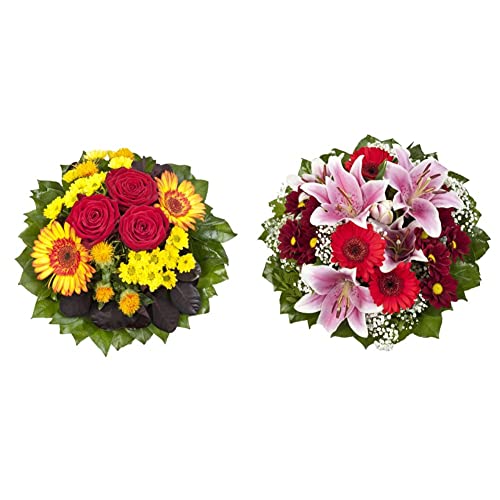 Dominik Blumen und Pflanzen, Blumenstrauß 'Blütenmeer' mit roten Rosen, Färberdistel, Chrysanthemen und Gerbera & Blumenstrauß 'Charlotte' mit rosa Lilien, Chrysantheme, Gerbera und Schleierkraut