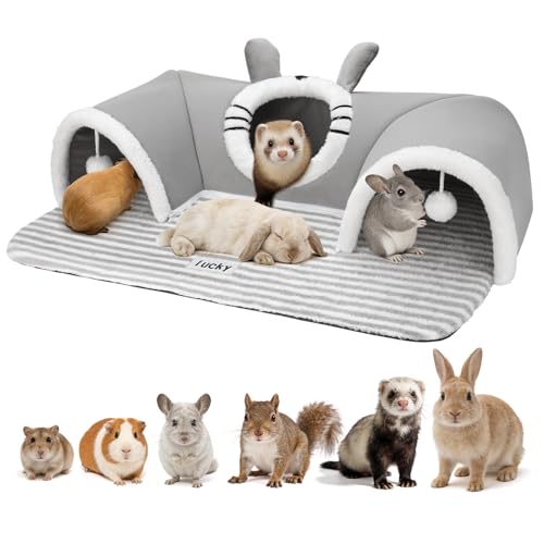 YUEPET 3-Way Bunny Tunnel Bed Removable & Washable Rabbit Tunnels Bunny Play Tunnel with Cozy Bed for Indoor Medium Small Rabbits Adult Guinea Pigs Hamsters Cage Accessories for Small Pets (Grey)