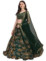 Ethnic Yard Women's Floral Organza Semi Stitched Green Lehenga Choli