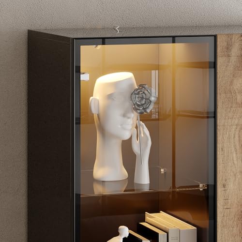 Vitrina alta con iluminación LED multicolor, armario de almacenamiento 80 × 41 × 175 cm, puertas push-to-open, estantes de vidrio templado y madera, diseño moderno negro y madera rústica, estructura - imagen 4