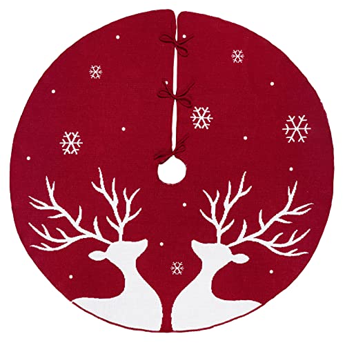 Limbridge Christmas Tree Skirt, 48 Inches Knitted Skirt With Reindeers And Snowflakes Pattern, Thick Rustic Xmas Holiday Decoration, Burgundy And Cream #TOP2