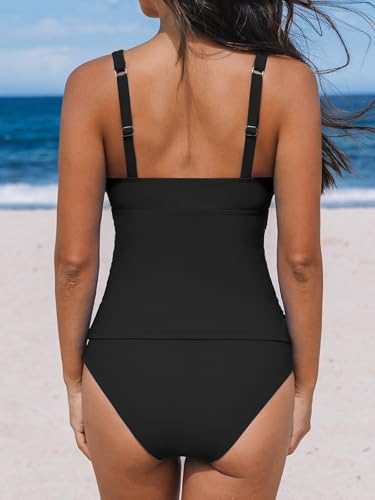 CUPSHE Women's Tankini Sets Surplice V Neck Two Piece Bathing Suits Adjustable Straps Shirred Mid Rise Swimwear2
