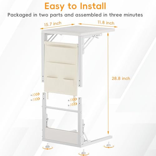Image of Folding TV Tray Table, Small Folding Side Table with Storage Bag, Portable C Shaped End Table for Couch Sofa Bed, White