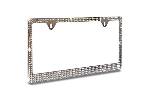 Super Bling 6 Rows White(C-Style Screw Cap) Real Crystal Rhinestone Embedded Metal Chrome License Plate Frame