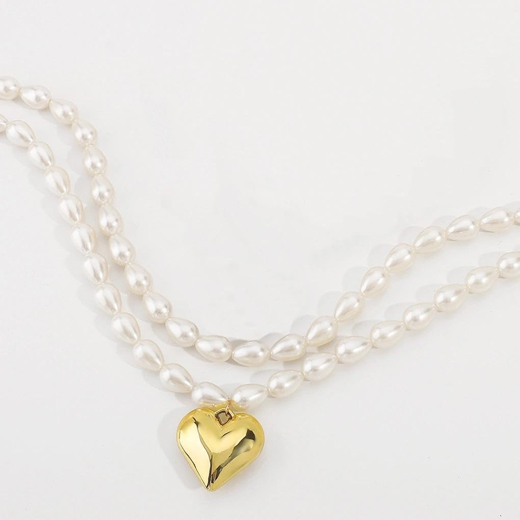 2Pcs Gold Pearl Heart Necklace for Women,Pearls Beaded Choker Puffy Heart Pendant Necklace,Vintage Chunky Layered Stackable Neck Jewelry - Image 5