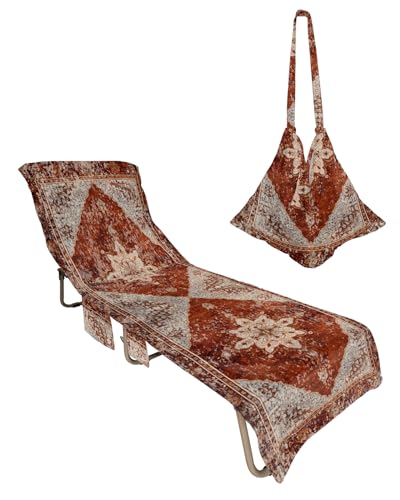 Retro Brown Beach Lounge Chair Towel Cover, Soft Chaise Lounge Towel with Side Pockets Patio Pool Chairs Cover for Beach/Pool Sunbathing 29x85 Boho Western Modern Geometric Abstract Art