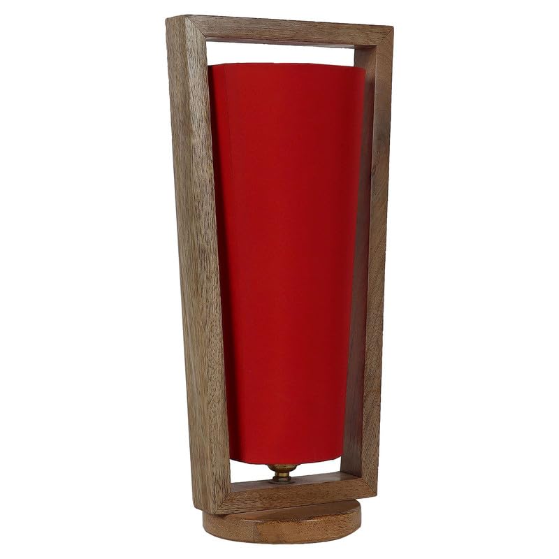 Image of tu casa Table Lamps with Mango Wood Base & Red Cotton Shades for Home Decor, Bedrooms, Living Room, Gifting, Diwali Decoration, Dining Space, Study Room, Hall (Height- 40cm) - Bulb not Included