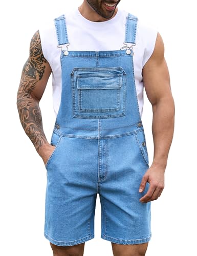 LuckyFeb Overalls for Men Shorts Summer Romper Stretchy Jumpsuits Work Bibs Coveralls Overol Para Hombre(Blue Overalls XL)