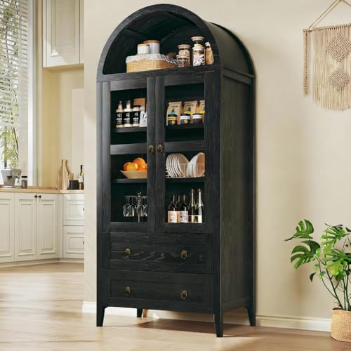 71" Tall Arched Kitchen Pantry, Arched Cabinet, Kitchen Storage Cabinets with 2 Large Drawers & Adjustable Shelves & Glass Door for Living Room, Dining Room, Black