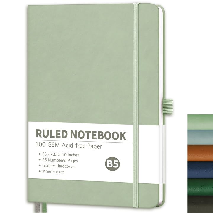 RETTACY Notebook Lined B5, Lightweight Journal Diary with 96 Numbered Pages, 100 gsm Notebooks, Inner Pocket, Hardcover Book for Office, School, Work, Women, Men, 19.3 x 25.4 cm - Light Green