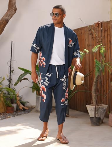 OLEMEK Men's Japanese Kimono Jacket Set Stylish Printed Open Front Cardigan Chinese Style Coat with Shorts Casual Suits3