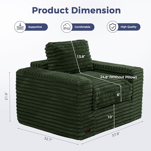 Image of MAXYOYO Bean Bag Chair with Pillows, Floor Sofa with Armrests and Support, Plush Foam Filled Lounge Chair for Adults, Cozy Bean Bag Couch for Living Room, Bedroom, Apartment, Green