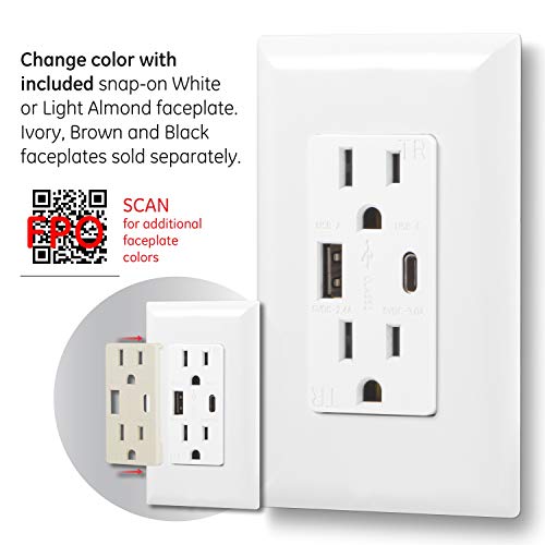 Ge Ultrapro Usb-C And Usb Outlet, Wall Receptacle, Tamper Resistant, Changeable Faceplates, 27 Total Watts, Perfect For Iphone, Ipad, And Samsung, Wallplate Not Included, White/Light Almond, 40838 #TOP6