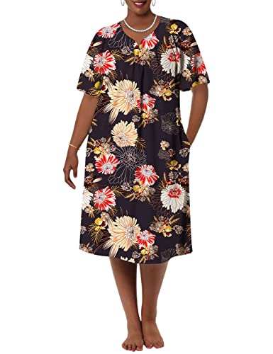 Maxmoda Mumu Dresses For Women With Pockets V Neck House Dresses Short Sleeve Duster Housecoat Pleated Nightgown,Black Floral Medium #TOP26