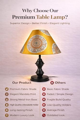 Image of tu casa Modern Table Lamp with Crimson Floral Satin Shade | Metal Iron Base Decorative lamp for Living Room| Home Decor, Designer Table Lamp for Gifting (Golden Mandala)