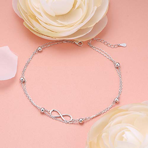 Image of Flyow Anklet for Women S925 Sterling Silver Adjustable Foot Beaded Heart Charm Ankle Bracelet Anklets Jewelry