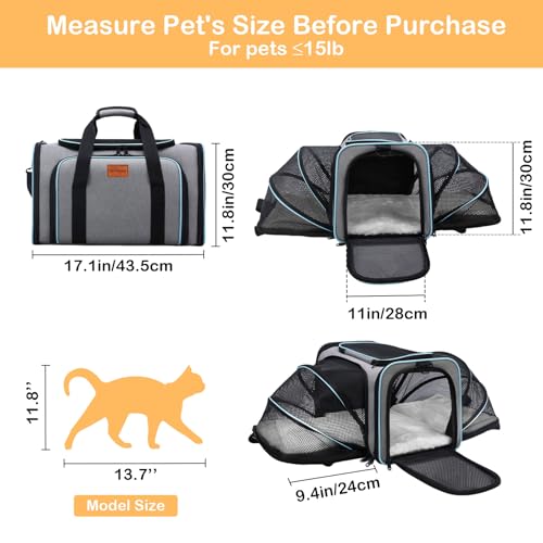 Expandable Airline Approved Pet Carrier, Soft-Sided Travel Bag for Small Cats Dogs with Hard Shell Base, Removable Fleece Pad, Ventilated Mesh, Gray (Blue Trim) - Image 2