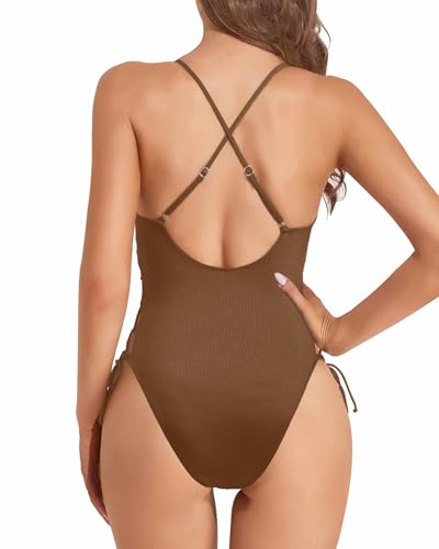 Image of Tempt Me Women Sexy Lace Up One Piece Swimsuit Deep Plunge V Neck High Cut Bathing Suits