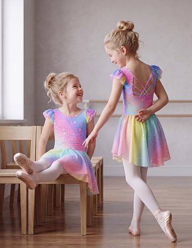 Image of Arshiner Girls Shiny Ruffle Sleeve Ballet Leotard with Skirt Criss-Cross Back Dance Dresses