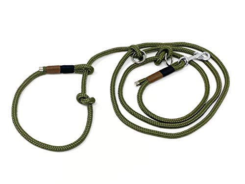 Wau-Effekt - Retrieverleine aus Segeltau mit Zugstopp - 100% Handarbeit - längenverstellbar und stufenlos größenverstellbar aus robustem Segeltau (M (200cm, 10mm Tau), Grün - Dunkelblau Braun)