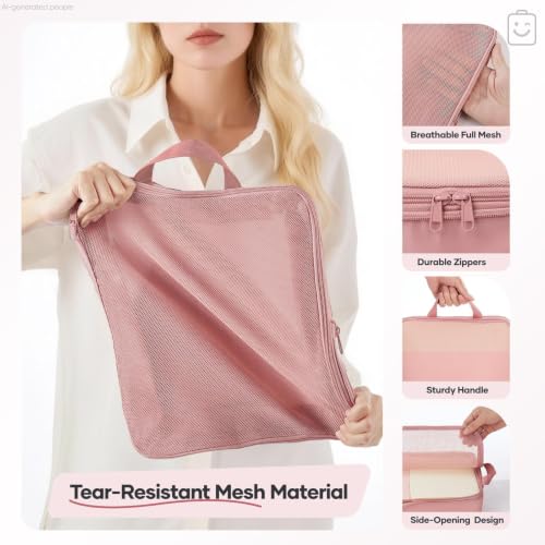 Veken 9/11 Set Compression Packing Cubes Garment Bags for Travel Essentials,Compressible Expandable Luggage Organizer Bags for Clothing,Space Saver Bags with Over 1000 pcs of Mesh Holes(Light Coral) by Veken - Image 4