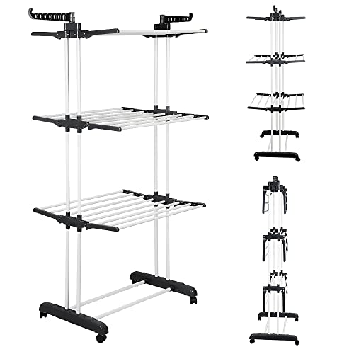THINFAR Étendoir séchoir à Linge, Sechoir à Linge étendoir Pliable Ailes latérales sur 3 Niveaux pour Usage Intérieur/Extérieur (75*64*170cm/Noir et Blanc)
