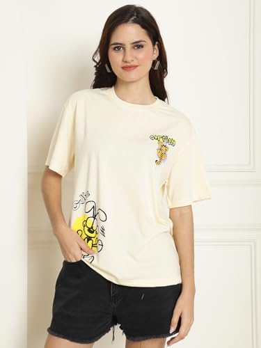 Image of Preneum Women's Cotton Aesthetic & Cool Graphic Printed Baggy Fit Drop-Shoulder Sleeves Cotton Oversized T-Shirt || Printed