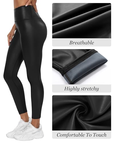 Huukeay Pacote com 2 leggings femininas de couro sintético, cintura alta, stretch fosco, calças atlé