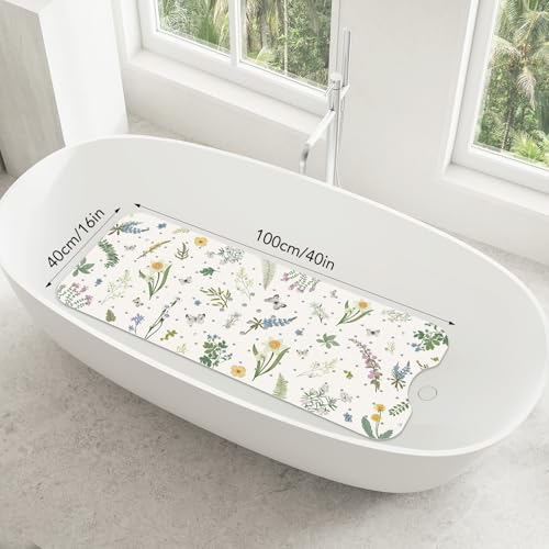 SHUCHING Badewannenmatte rutschfest Erwachsene, 100 X 40 cm Badematte rutschfest, Antirutschmatte Badewanne, 100% BPA Frei, Schimmelresistent & Maschinenwaschbar, Wildblumen