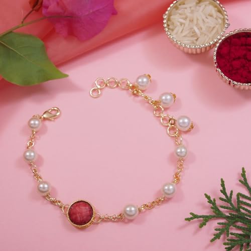 Image of I Jewels Designer Kundan Pearl beaded Bhaiya Bhabhi Lumba Rakhi Bracelet Combo Set With Roli Chawal & Rakshabandhan Greeting Card