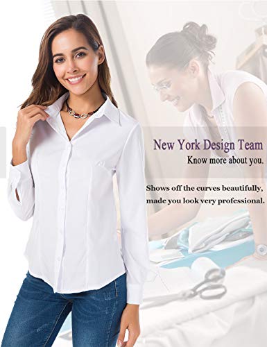 Atnlewhi Women Basic Long Sleeve Button Down Shirts Simple Pullover, White, M