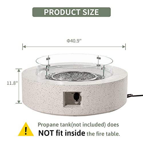 COSIEST Outdoor Propane Fire Pit Coffee Table w Terrazzo White 42 inch Round Base Patio Heater, Certified, 50,000 BTU Stainless Steel Burner, Wind Guard, Transparent Gray Fire Glass, Rain Cover