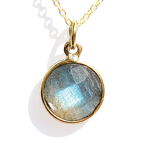 Joyfulmuze Labradorite Necklace Crystal, Handmade Jewelry, March Birthstone Gift, Healing Throat Chakra Protector, Sterling Silver Necklace plated Gold, Natural Gemstone Boho Necklace, 18 inch long