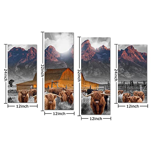 Conipit Teton Wall Art Highland Cow Canvas Mormon Barn National Park Pictures Wyoming Farm Landscape Painting For Living Room Bedroom Decor Framed 4Pcs #TOP6