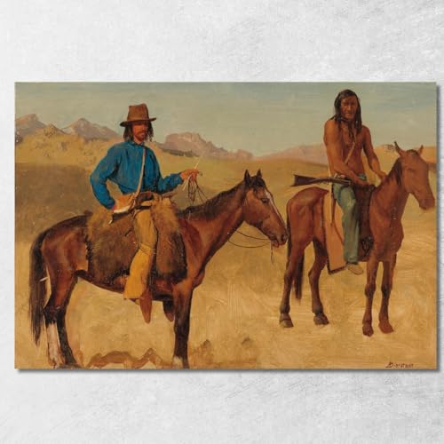 Trampa y guía india a caballo Albert Bierstadt, ABR117, cuadro impreso sobre lienzo, 100 x 70 cm