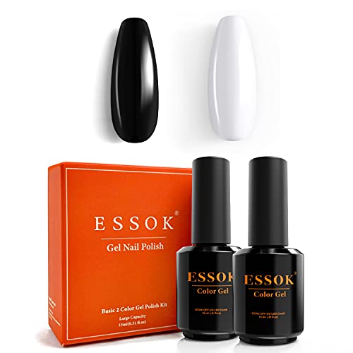 Essok 2Pcs 15ml Black and White Gel Nail Polish Set, White Gel Polish and Black Gel Nail Polish for UV LED Light, Soak off Nail Gel Polish, Smooth and Easy to Use For Salon Manicure Nail Art Home DIY