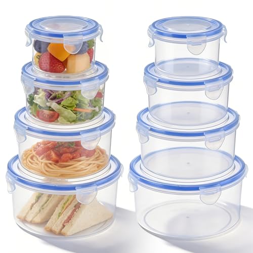 WIYETY Lot de 8 boîtes de conservation rondes : en plastique transparent avec couvercle, pratiques et empilables, boîtes de préparation des repas, bol en...