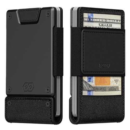 PROOF Wallet | Slim Minimalist Wallets for Men | Leather & Metal | RFID Wallet | Front/Back Pocket | Gift Box | Veteran Owned (Monolith (1000D Black Nylon Black Leather | Dark Gun Metal))