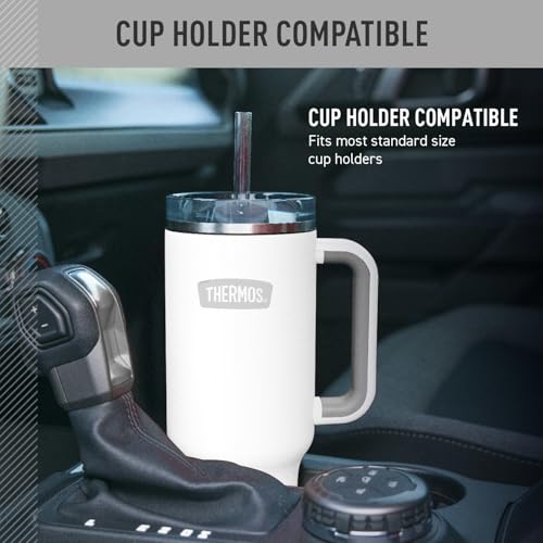 Image of THERMOS 40 oz Stainless Steel Cupholder Mug w /Straw - White