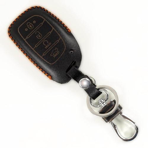 Image of Leather Smart Car Key Cover Case with Key Chain for Tucson, I-20 (2021), Creta, Venue, Elantra (Black)