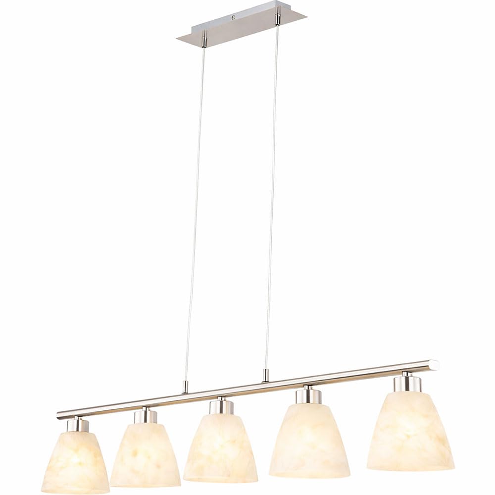 Esstischlampe Hängelampe Esstisch Hängeleuchte silber höhenverstellbar, 5 flammig, Metall nickel Glas weiß, 5x E14 Fassungen, HxLxB 120x93x13cm