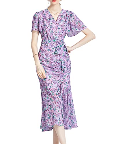 Image of Shineflow Women's V-Neck Short Sleeve Floral Fitted Ruched Midi Dress with Mermaid Hem Cocktail Pencil Dresses