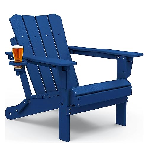 GARDENSTAR Adirondack Chair Oversized Folding Adirondack Chairs Recyclable HDPE Modern Adirondack Chair with Cup Holder Poly Lumber Patio Chairs for Pool Patio Garden Outdoors Fire Pit Blue